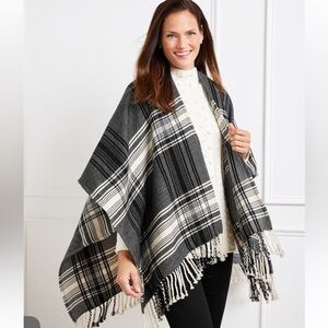 NWOT Talbots Wrap Woven Plaid Ruana Fringe Trim Reversible Wool Blend OSFM